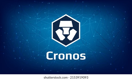 Cronos CRO Token Symbol On Dark Blue Polygonal Background. Crypto.com Cryptocurrency Logo Icon For Website Or Banner. Vector Illustration.