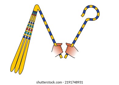 Crook and flail, symbols in ancient Egypt. Heka and nekhakha, originally attributes of god Osiris, became pharaoh authority insignia. Shepherd crook for kingship, and flail for fertility of the land.