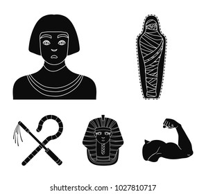 Crook and flail,a golden mask, an egyptian, a mummy in a tomb.Ancient Egypt set collection icons in black style vector symbol stock illustration web.