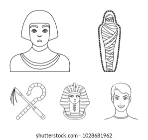 Crook and flail,a golden mask, an egyptian, a mummy in a tomb.Ancient Egypt set collection icons in outline style vector symbol stock illustration web.