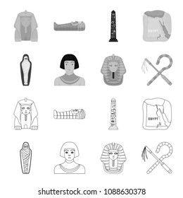 Crook and flail,a golden mask, an egyptian, a mummy in a tomb.Ancient Egypt set collection icons in outline,monochrome style vector symbol stock illustration web.