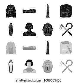 Crook and flail,a golden mask, an egyptian, a mummy in a tomb.Ancient Egypt set collection icons in black,monochrome style vector symbol stock illustration web.
