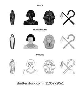 Crook and flail,a golden mask, an egyptian, a mummy in a tomb.Ancient Egypt set collection icons in black,monochrome,outline style vector symbol stock illustration web.