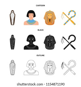Crook and flail,a golden mask, an egyptian, a mummy in a tomb.Ancient Egypt set collection icons in cartoon,black,outline style vector symbol stock illustration web.