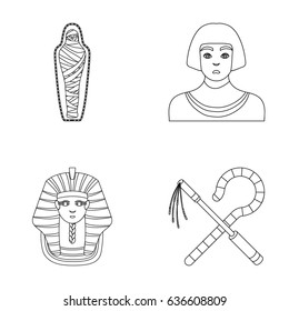 Crook and flail,a golden mask, an egyptian, a mummy in a tomb.Ancient Egypt set collection icons in outline style vector symbol stock illustration web.