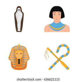 Crook and flail,a golden mask, an egyptian, a mummy in a tomb.Ancient Egypt set collection icons in cartoon style vector symbol stock illustration web.