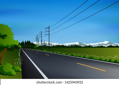 Crook road and electric post landscape graphic vector