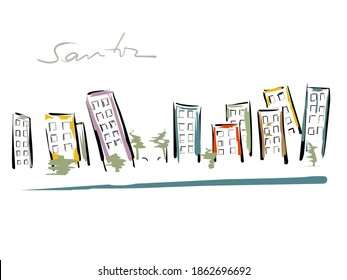 Crooked buildings on the edge of the city of Santos. City landmark. Colored vector illustration with felt-tip pen.	