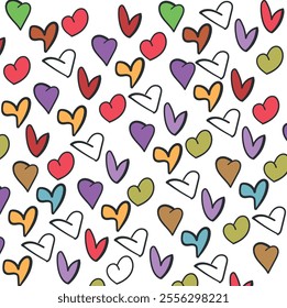 Crooked cartoon and colorful hearts form a romantic background.