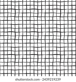 Crooked check seamless pattern. Black and white pattern of lines. Checkered pattern. Curved lattice pattern. Optical illusion. Vector illustration.