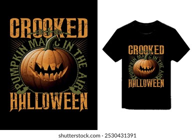 Crooked Halloween, pumpkins magic in the air Halloween t-shirt design, Halloween detailed illustration.