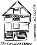 The Crooked House, Canterbury, England black and white ink sketch. Distinctive 17th-century timber-framed building with a dramatically tilted façade, whimsical charm, and rich history. 