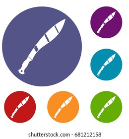 Crooked knife icons set in flat circle red, blue and green color for web