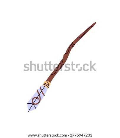 Crooked magic wand with crystal for spells. Wooden stick decorated with gem for witchcraft. Witches and wizards fantasy item for sorcery. Flat isolated vector illustration on white background