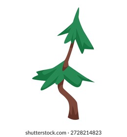 Crooked pine tree with stylized green foliage and brown trunk in cartoon style on white background. Concept of nature and forest. Vector illustration