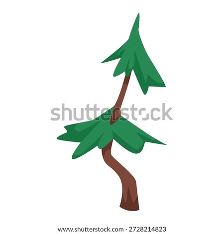 Crooked pine tree with stylized green foliage and brown trunk in cartoon style on white background. Concept of nature and forest. Vector illustration
