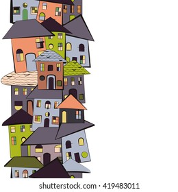 Crooked and quirky cartoon tiny houses with roofs and windows. Kids style drawing. Vertical seamless border pattern. Isolated on white. Optimistic picture for invitations, real estate, home staging.