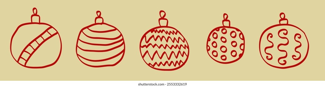 Crooked, sloppily drawn christmas ball illustration sketch. Vector set.