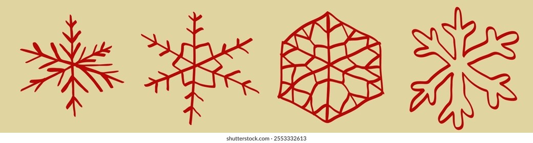 Crooked, sloppily drawn christmas snowflake illustration sketch. Vector set