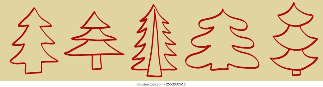 Crooked, sloppily drawn christmas tree illustration sketch. Vector set.