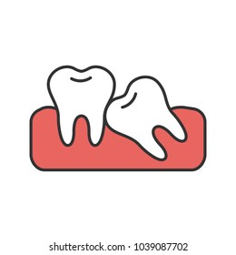 Crooked teeth color icon. Malocclusion. Wisdom tooth problem. Isolated vector illustration