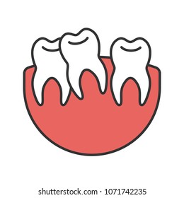 Crooked teeth color icon. Malocclusion. Wisdom tooth problem. Isolated vector illustration