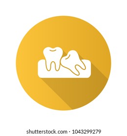 Crooked teeth flat design long shadow glyph icon. Malocclusion. Wisdom tooth problem. Vector silhouette illustration