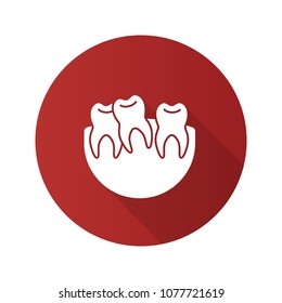 Crooked teeth flat design long shadow glyph icon. Malocclusion. Wisdom tooth problem. Vector silhouette illustration