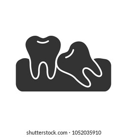 Crooked teeth glyph icon. Malocclusion. Wisdom tooth problem. Silhouette symbol. Negative space. Vector isolated illustration