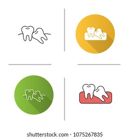 Crooked Teeth Icon. Malocclusion. Wisdom Tooth Problem. Flat Design, Linear And Color Styles. Isolated Vector Illustrations