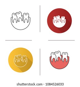 Crooked teeth icon. Malocclusion. Wisdom tooth problem. Flat design, linear and color styles. Isolated vector illustrations