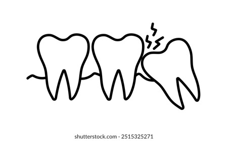 Dientes torcidos. Diente del juicio impactada. Dolor de muelas molar. Recesión de las encías. Ilustración vectorial