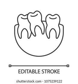 Crooked teeth linear icon. Malocclusion. Thin line illustration. Wisdom tooth problem. Contour symbol. Vector isolated outline drawing. Editable stroke