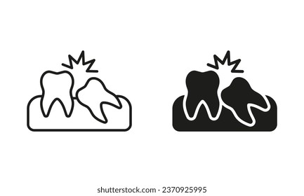 Crooked Teeth Silhouette and Line Icons Set. Malocclusion Medical Problem, Oral Care Pictogram. Wisdom Tooth Disease Symbol Collection. Dental Treatment, Dentistry Sign. Isolated Vector Illustration.