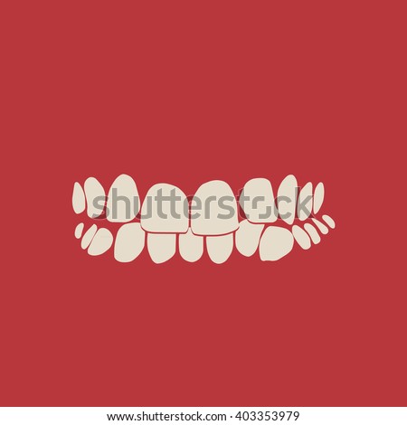 Crooked teeth smile on a red background.