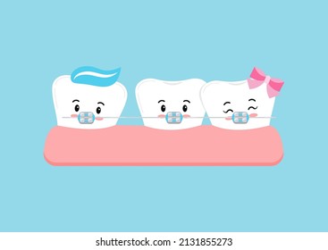 Crooked tooth with dental braces in gym cute character. Dental crowding emoji tooth orthodontic bracket correction treatment concept. Vector flat design kawaii style kid dentistry mascot illustration