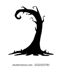 Crooked tree with gnarled roots. Halloween plant silhouette. Graphic illustration. Black outline clipart. Hand drawn isolated drawing. Nature element for creepy decor. Doodle style.