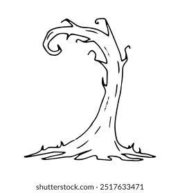 Crooked tree with gnarled roots. Linear silhouette of plant. Graphic illustration. Black outline clip art for Halloween. Hand drawn isolated drawing. Nature element for creepy decor. Doodle style.