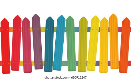 Crooked, unsteady fence - colored funny askew pickets with wooden texture, seamless expandable - isolated vector illustration on white background.