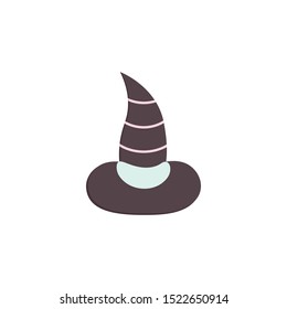 Crooked Witch Hat Halloween icon paper cut flat style, cartoon sign. Cute Helloween traditional symbol isolated on white. For cards, seasonal posters, flyer, brochure, postcards. Vector Illustration