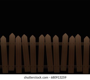 Crooked, Wooden Picket Fence At Night - Seamless Expandable - Isolated Vector Illustration On White Background.