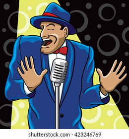 Crooner singing at a vintage microphone
