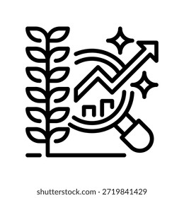 Ícone Linha de Análise de Culturas, Símbolo de Estrutura para Previsão de Aproveitamento, Avaliação de Integridade, Rastreamento de Crescimento, Monitoramento de Pragas e Planejamento de Colheitas. Ícone de sinal vetorial.