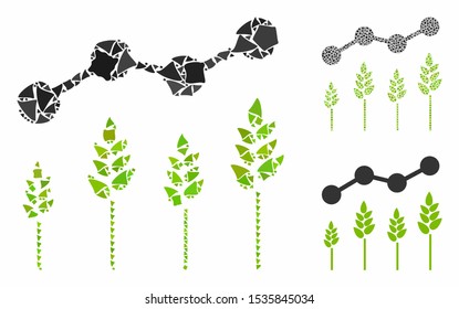 Crop analytics mosaic of rough elements in variable sizes and color hues, based on crop analytics icon. Vector rough dots are united into mosaic. Crop analytics icons collage with dotted pattern.