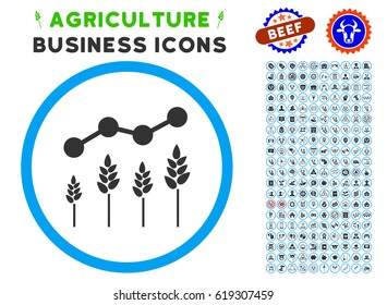 Crop Analytics rounded icon with agriculture commercial glyph collection. Vector illustration style is a flat iconic symbol inside a circle, blue and gray colors.