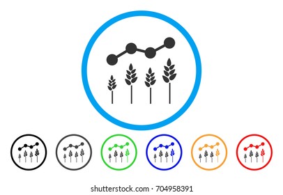 Crop Analytics vector rounded icon. Image style is a flat gray icon symbol inside a blue circle. Additional color variants are grey, black, blue, green, red, orange.