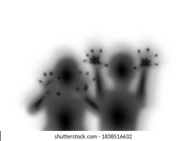 Crop And Blurred Of Shadow In Boy And Girl Body Shape With Pretend Ghost Acting Look Like Scary Ghost On White Background With Space Foe Texts. 