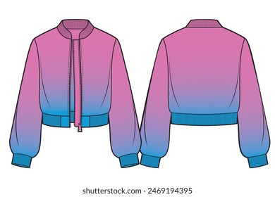 Crop bomber jacket, pink and blue gradient, casual clothing.