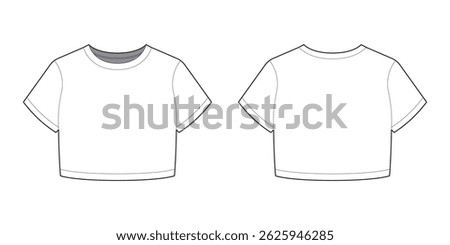 Crop Boxy T-shirt Wide Crew Neckline For Women Vector Mock-up Fashion Template Flat Illustration