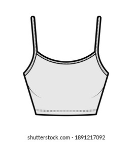 Crop Camisole cuello de cuchara de algodón jersey superior ilustración de moda técnica con correas delgadas ajustables, ajuste delgado. Plantilla de tanque de ropa interior plana delantera, color gris. Hombres mujeres unisex maquillaje CAD